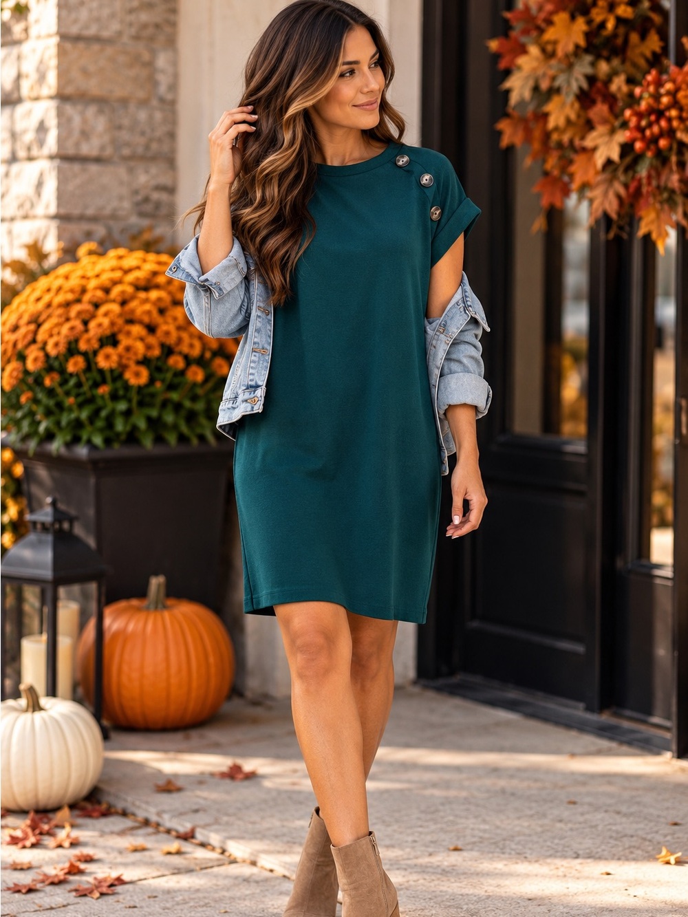 SHEIN Teal Short-Sleeve Button-Shoulder Shift Dress